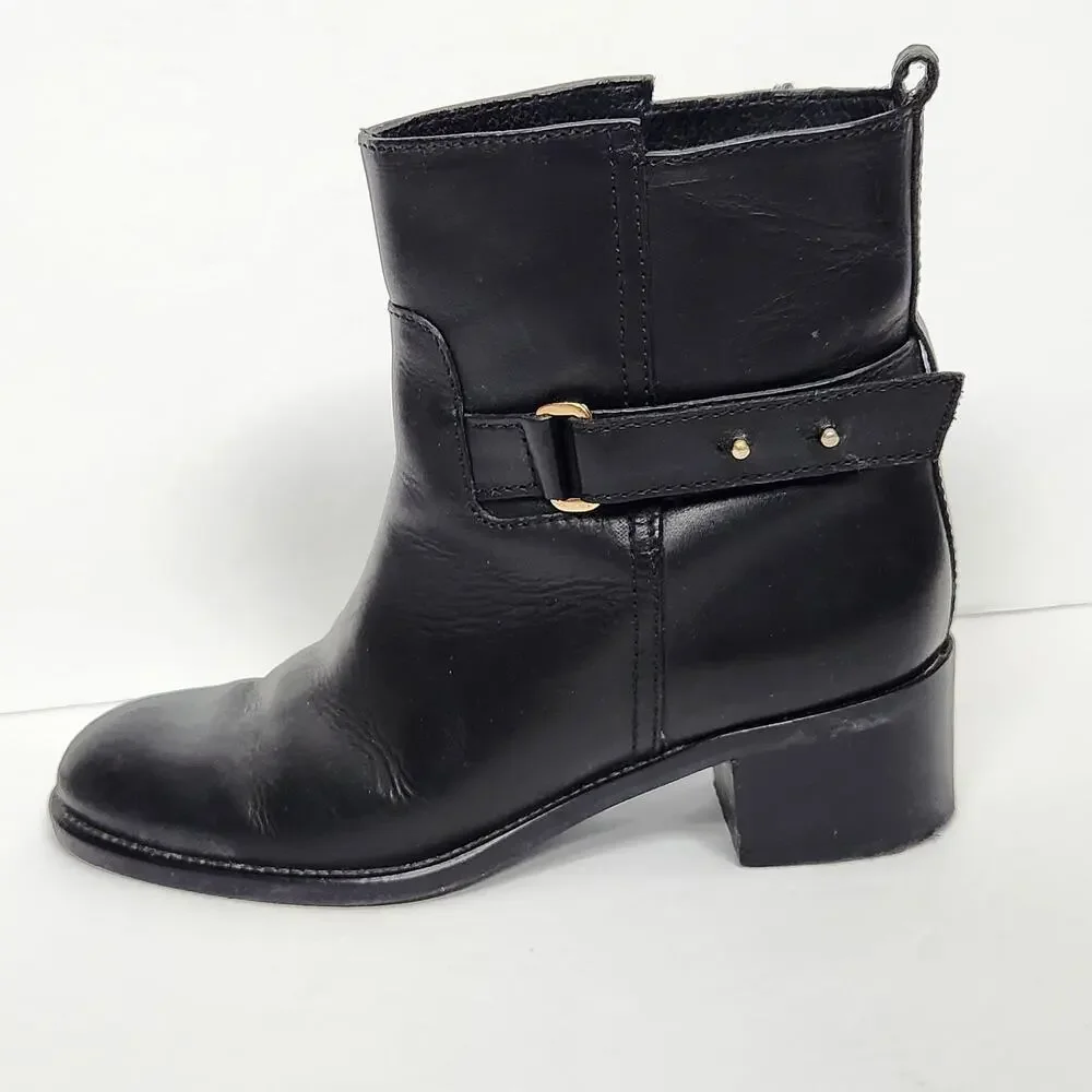 J CREW Black Leather Ankle Boots Womens Size 8 US Buckle Block Heel Booties